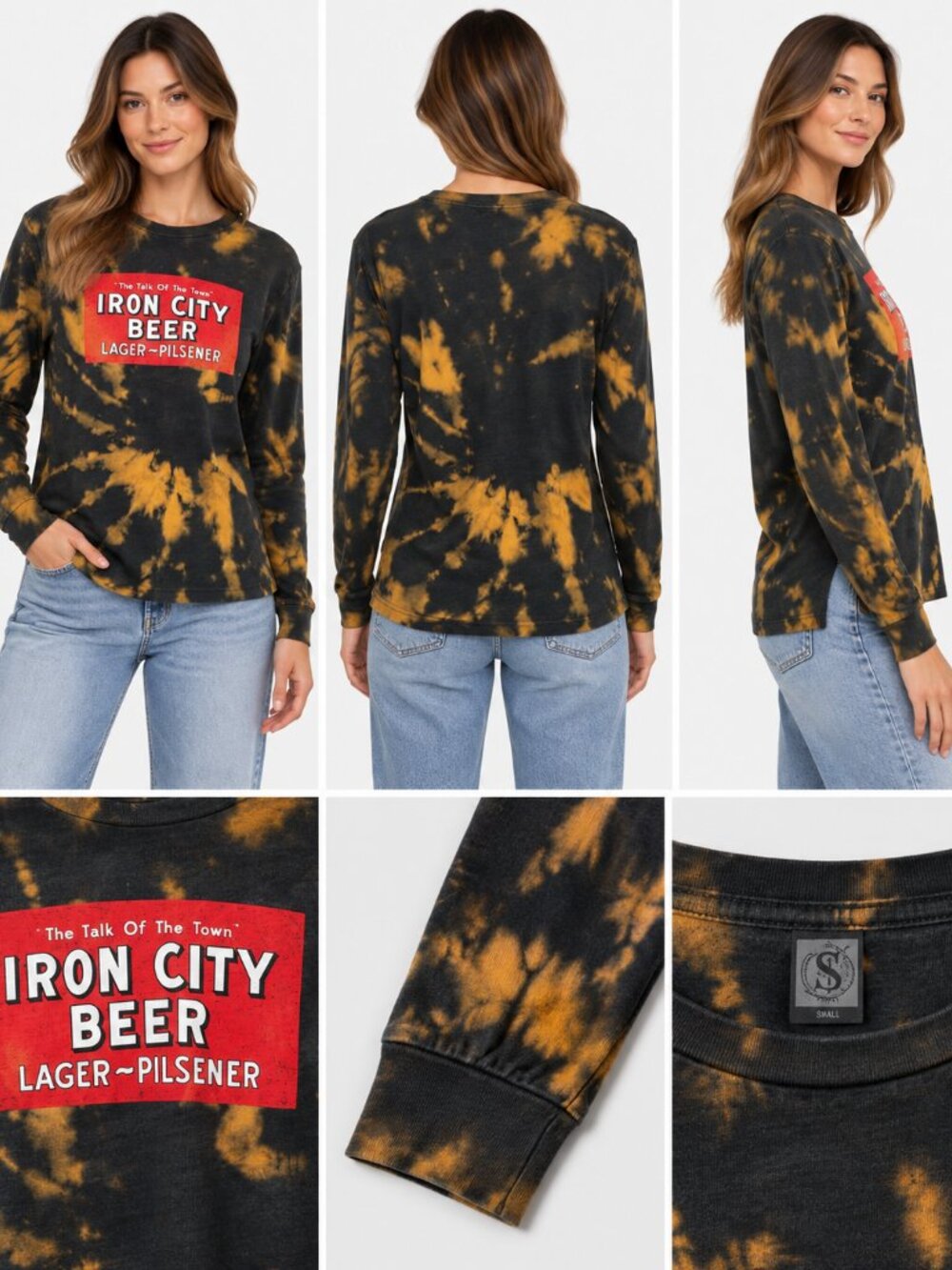 Steel City Iron City Beer Black Tie Dye Long Sleeve T-Shirt Size S